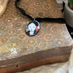 Vintage MCM Artist Signed Gerte Hacker Enamel On Copper Pendant Velvet Choker